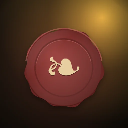 The Inkwoven seal: a deep red wax seal pressed with a cream ink-leaf, lit by candlelight.