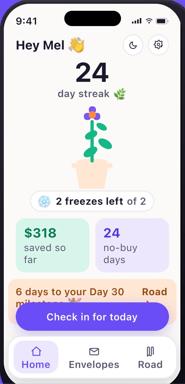 NoBuy home screen showing a 24 day streak, $318 saved and a check-in button.