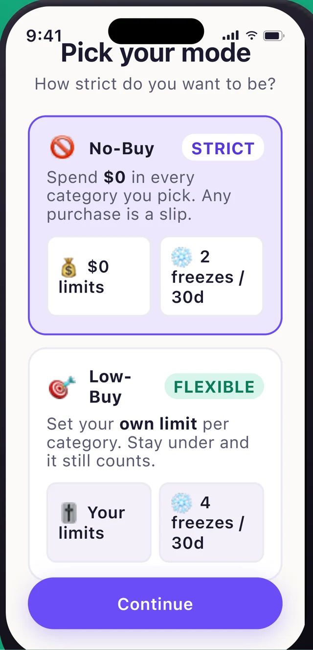 Mode picker comparing No-Buy (strict, $0 limits, 2 freezes per 30 days) with Low-Buy (flexible, your own limits, 4 freezes per 30 days).