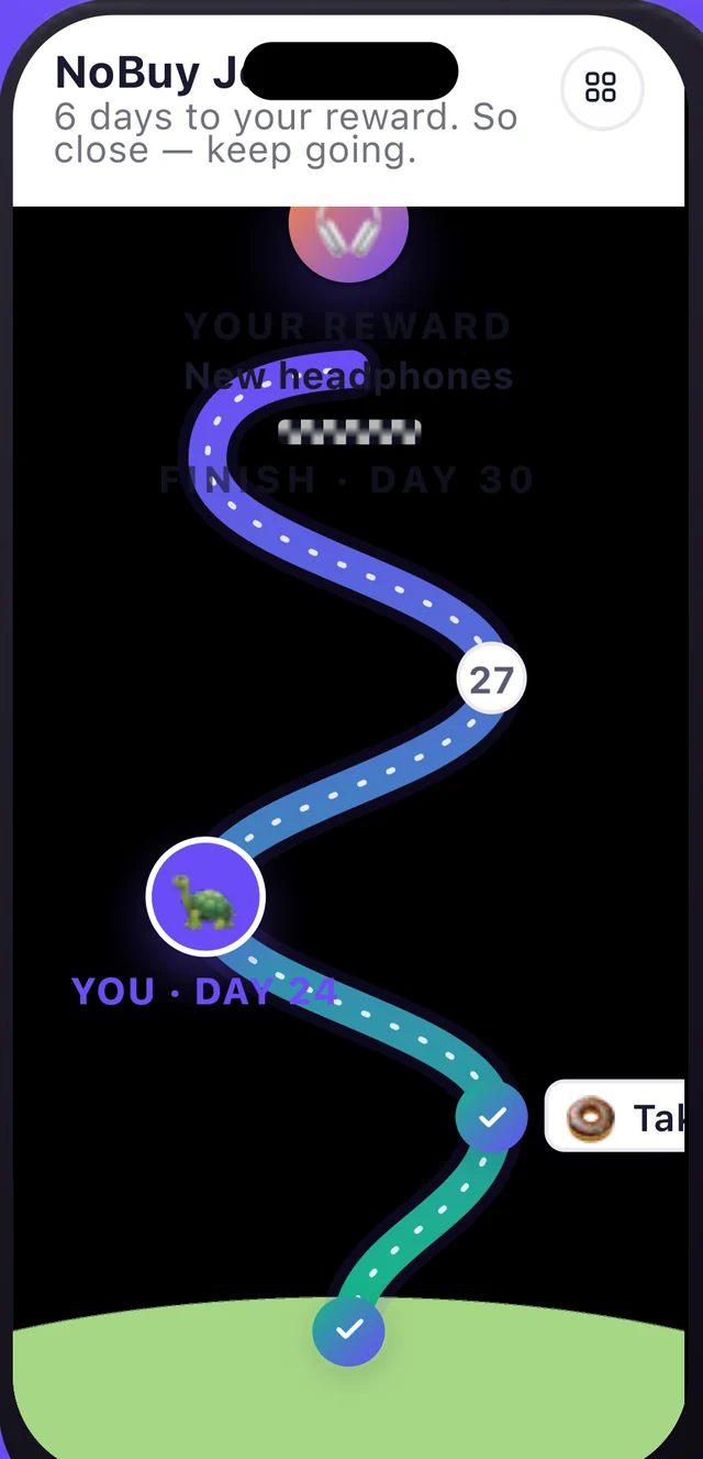 The NoBuy Journey: a winding road of numbered days with completed days checked off, the current position marked, and the day 30 reward at the top.