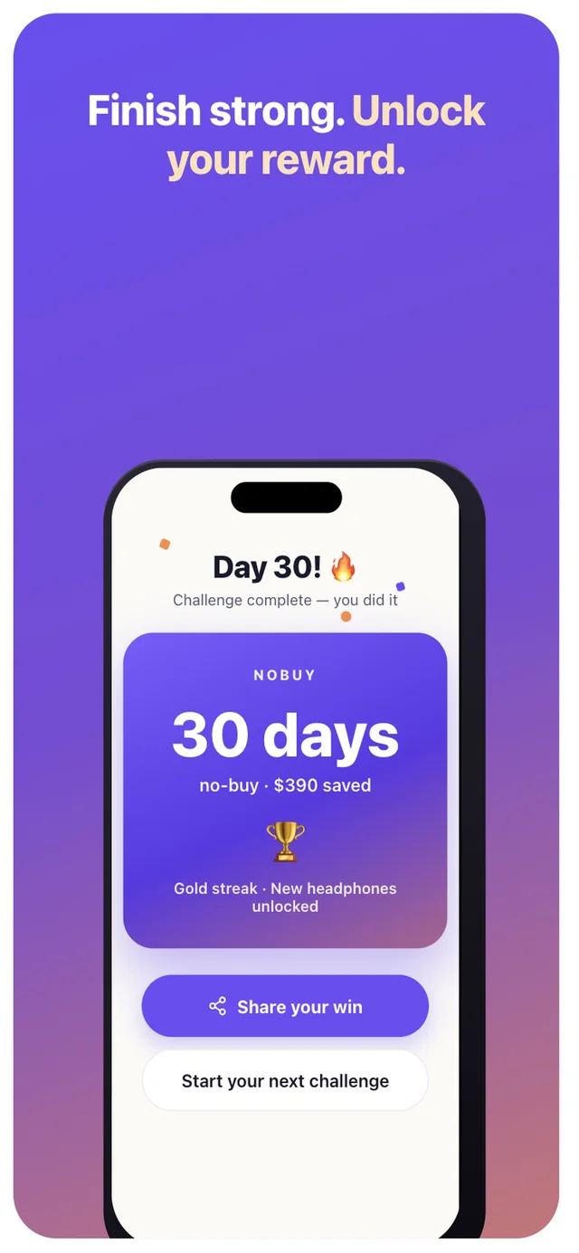 NoBuy challenge complete screen: Day 30, 30 days no-buy, $390 saved, gold streak, reward unlocked, with a share button.
