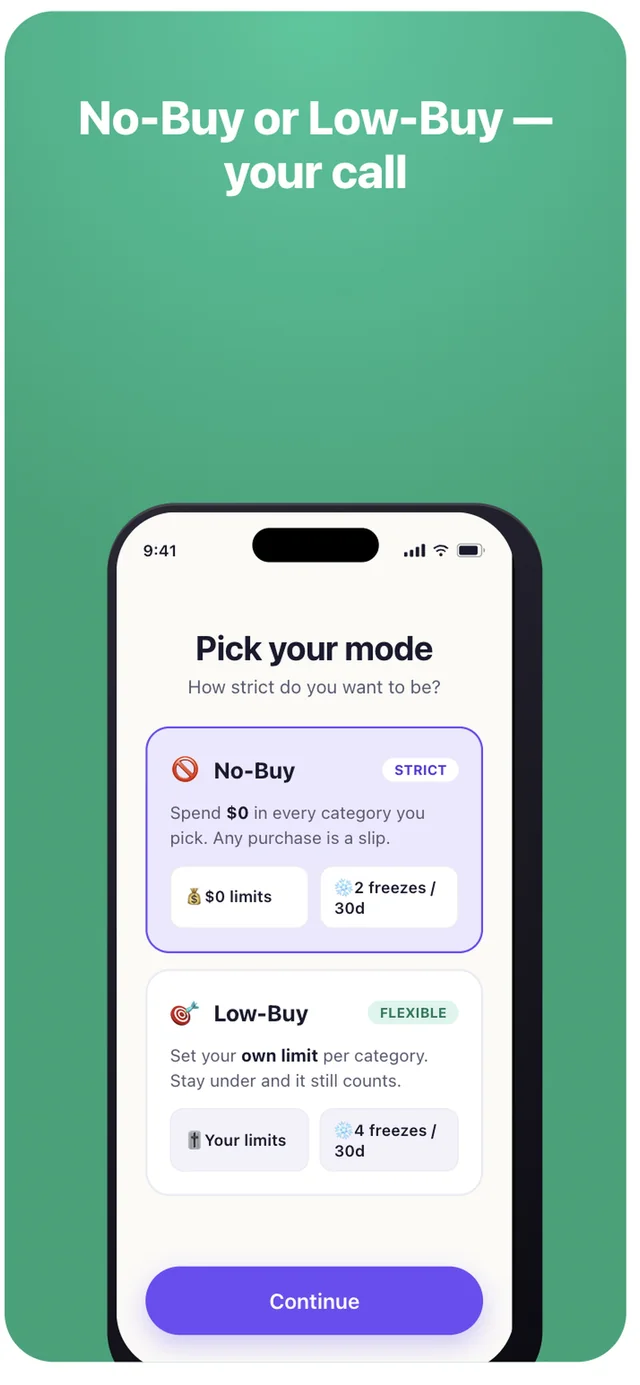 NoBuy mode picker: No-Buy is strict with $0 limits and 2 freezes per 30 days; Low-Buy is flexible with your own limits and 4 freezes per 30 days.