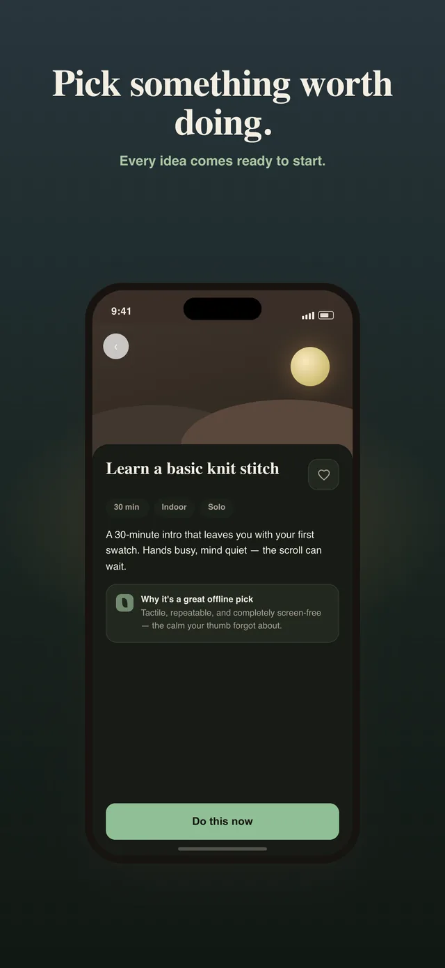 Stay Offline activity page: Learn a basic knit stitch, 30 minutes, indoor, solo, with a short description, why it is a great offline pick, and a Do this now button.
