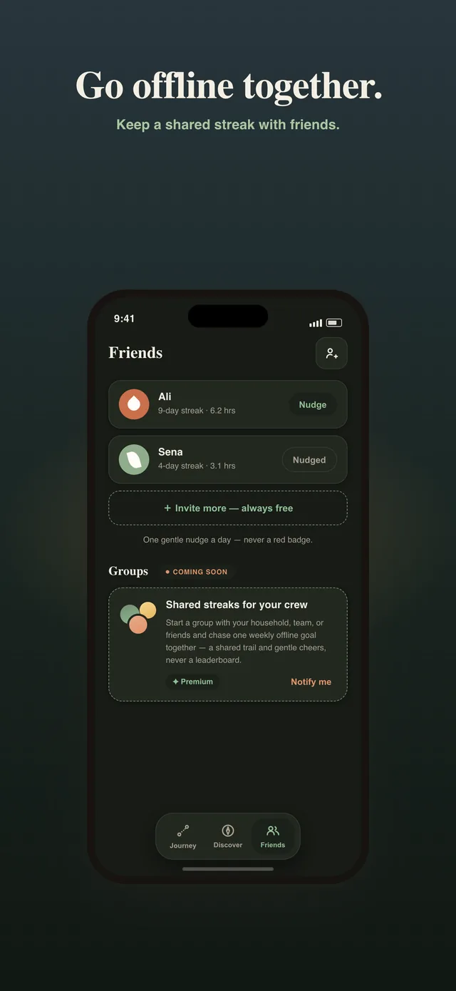 Stay Offline Friends screen: Ali with a 9-day streak and 6.2 hours, Sena with a 4-day streak and 3.1 hours, a Nudge button, an “Invite more — always free” button, and a Groups card for shared streaks.