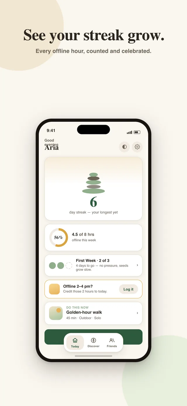 Stay Offline Today screen: a 6-day streak shown as a cairn of stones, 4.5 of 8 hours offline this week, the First Week challenge at 2 of 3, a card asking whether you were offline 2–4 pm with a Log it button, and a suggested golden-hour walk.