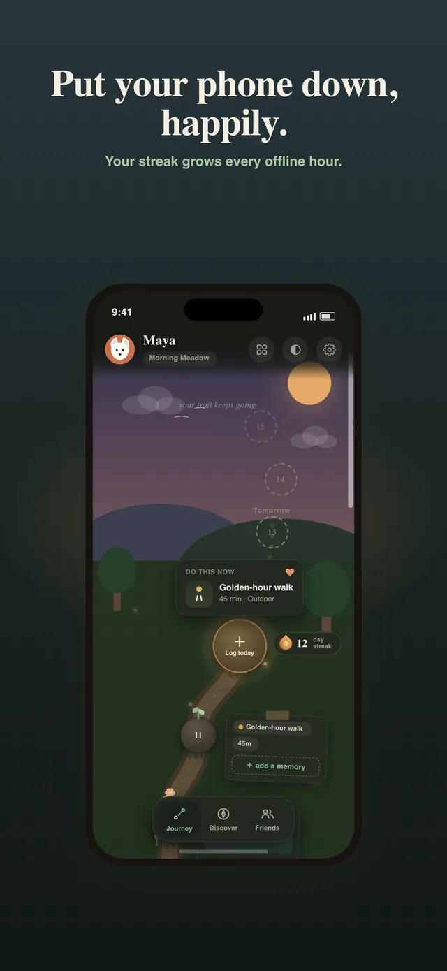 Stay Offline Journey screen: a winding trail through a meadow with numbered stones for each day, today glowing with the user’s avatar, a Golden-hour walk memory tag, and a 12-day streak badge.
