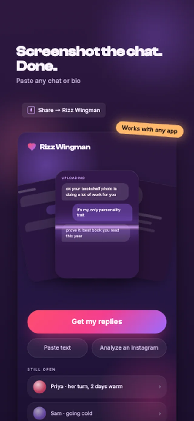 Rizz Wingman home: a chat screenshot uploading, a Get my replies button, Paste text and Analyze an Instagram options, and a list of still-open conversations.