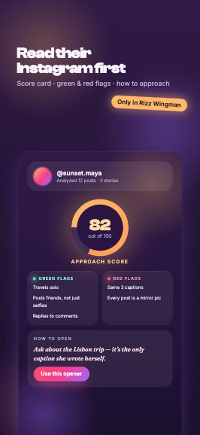 Rizz Wingman profile read for @sunset.maya: an approach score of 82 out of 100, green flags such as travels solo and replies to comments, red flags such as every post being a mirror pic, and a suggested opener about a Lisbon trip.