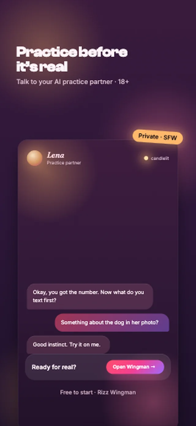 Rizz Wingman practice chat with Lena, labelled Practice partner and marked Private · SFW, ending with “Ready for real?” and an Open Wingman button.